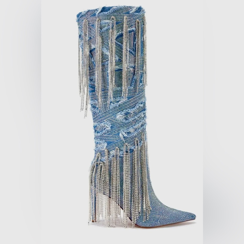 AKIRA Denim and Silver Fringe Heeled Boots